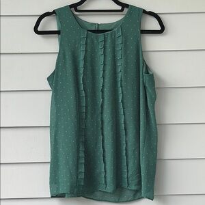 LOFT Green Sleeveless Top with White Polka Dots and Ruffles